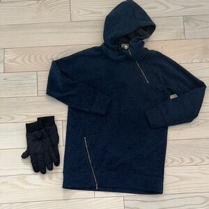 New Balance Asymmetrical Fleece navy Zip-Up hoodie and black gloves